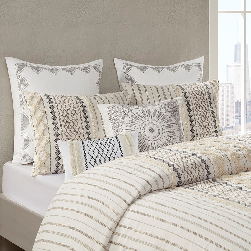 Bea Embroidered Cotton Oblong Pillow with Tassels