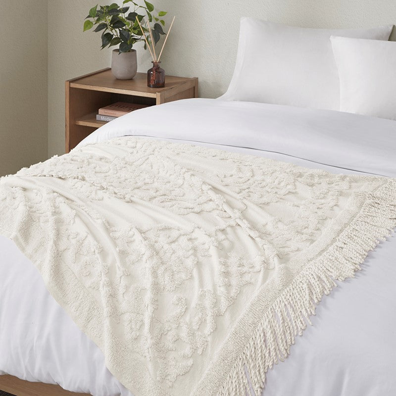 100% Cotton Tufted Chenille Lightweight Throw With Fringe Tassel by Madison Park