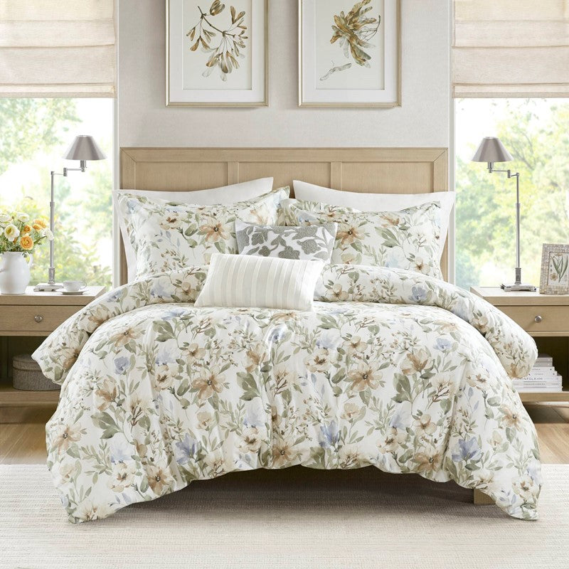 Herbal 5 Piece Cotton Sateen Print Duvet Set by Harbor House Blues